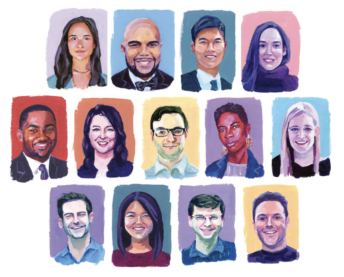 Illustrations of the 13 alumni featured in this article