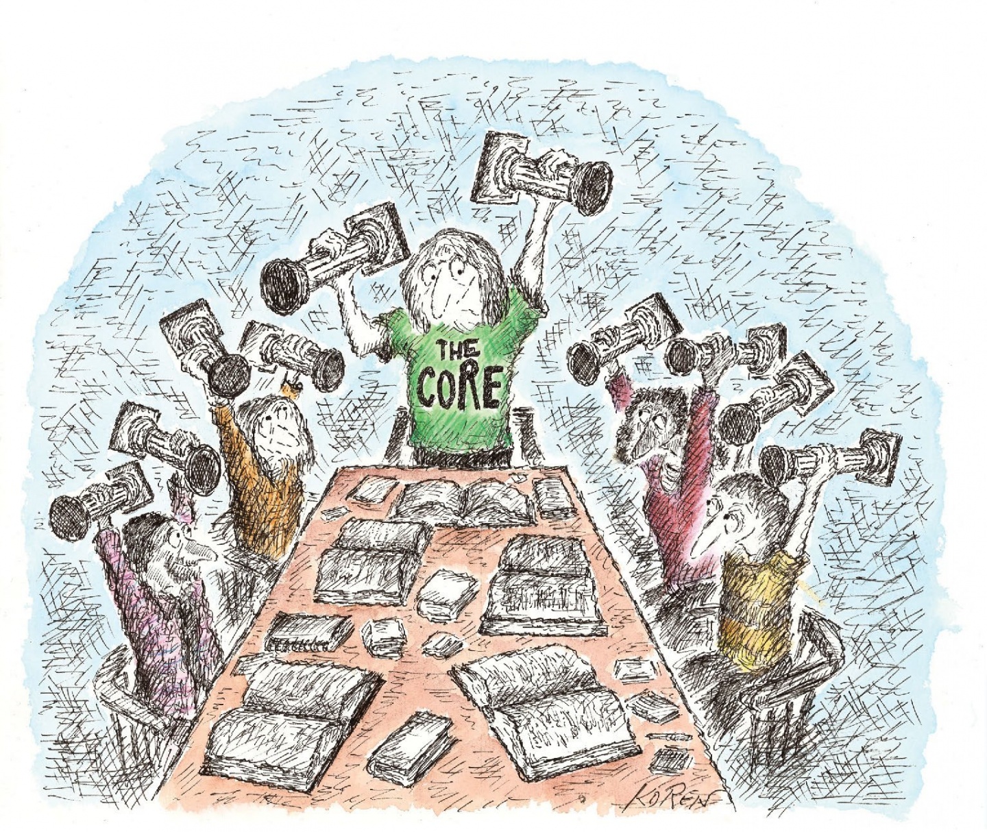 Cartoon drawing of several persons seated, and one person standing, at a a table with open books. All are holding miniature pillars overhead, and the person standing has the words 'The Core' written on the individual's shirt.