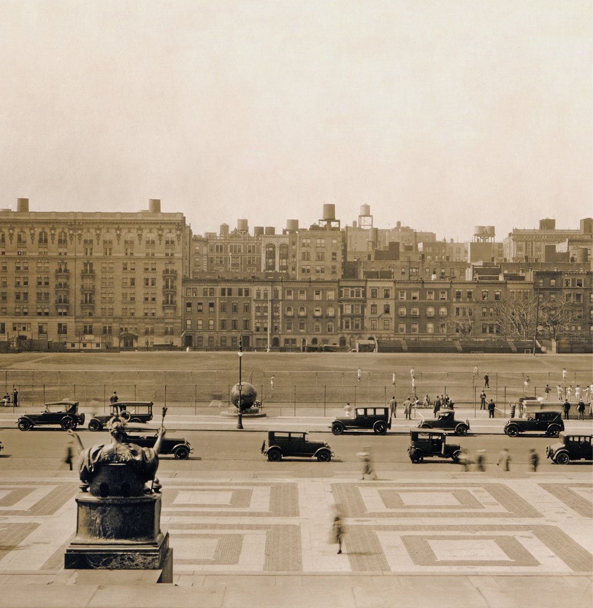 View of Columbia University campus, facing south, from a vantage behind the statue Alma Mater, in 1919.