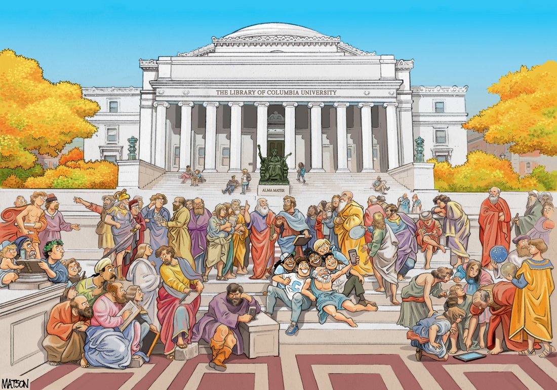 Cartoon drawing of several people standing and seated in front of Columbia University's Low Library. Many people are wearing attire from bygone eras, and one person wearing such attire is taking a selfie with young people of the present day. 
