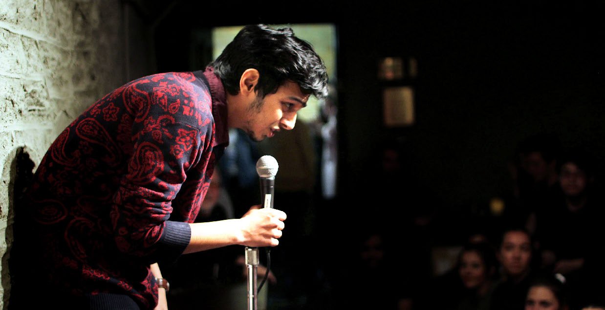 Shreyas Manohar ’18 performs a stand-up comedy routine at the Postcrypt Coffeehouse.
