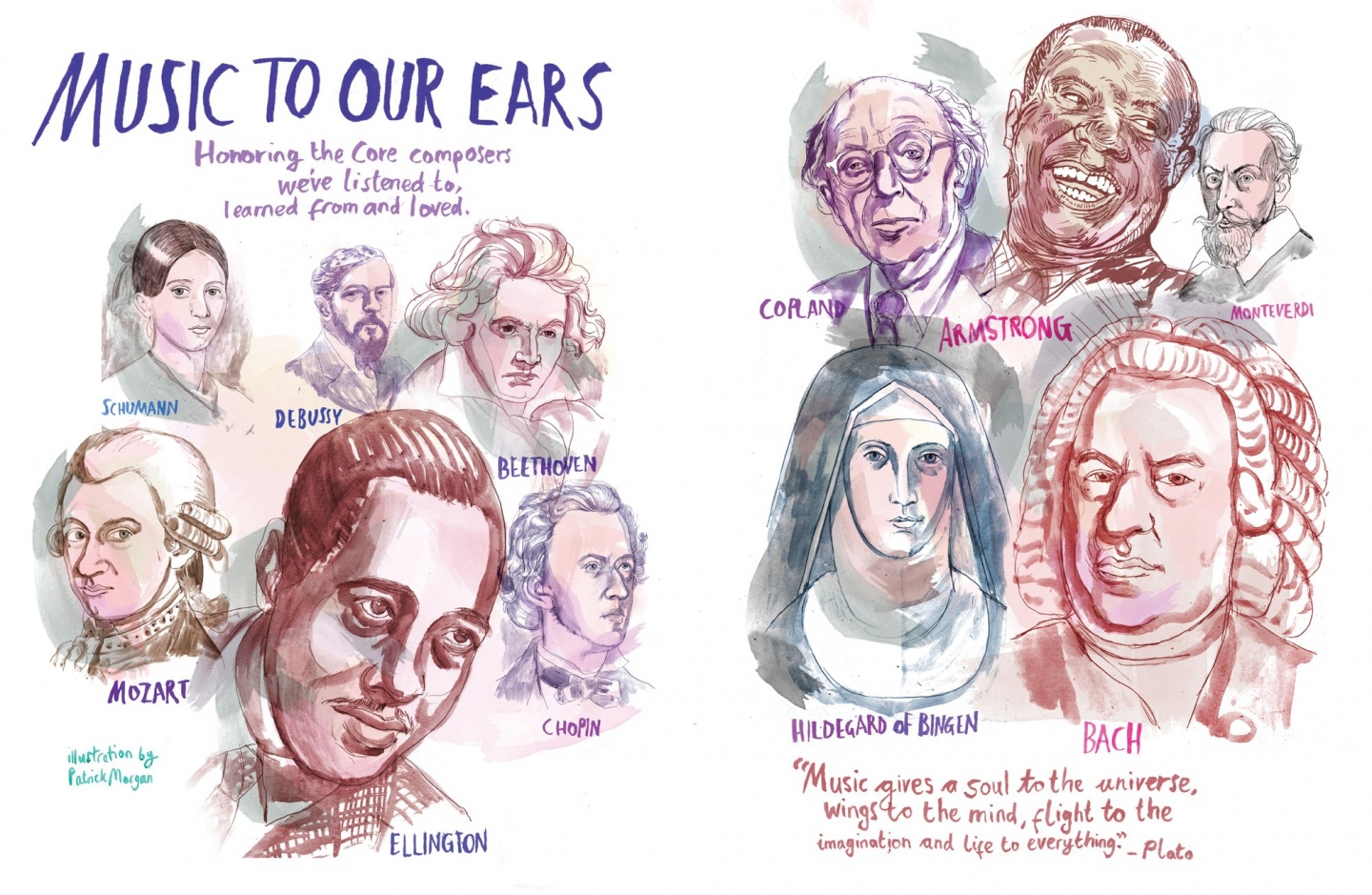 An illustration depicting artists and composers who are featured in the Core Curriculum