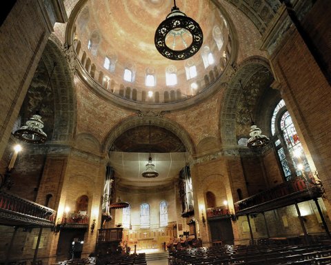 The illuminated interior of St. Paul's Chapel.