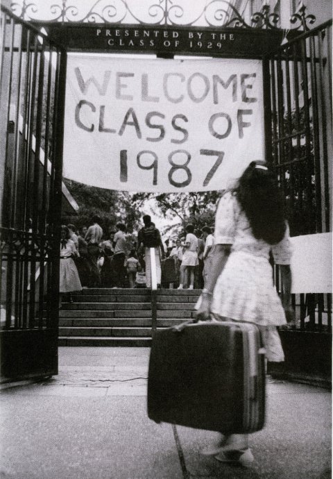 A sign hung at the 116th Street gate welcoming the Class of 1987