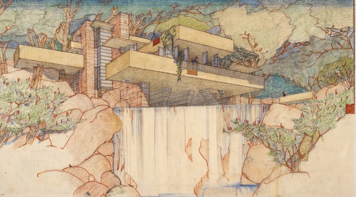 A drawing of Frank Lloyd Wright's Fallingwater (Kaufmann House).