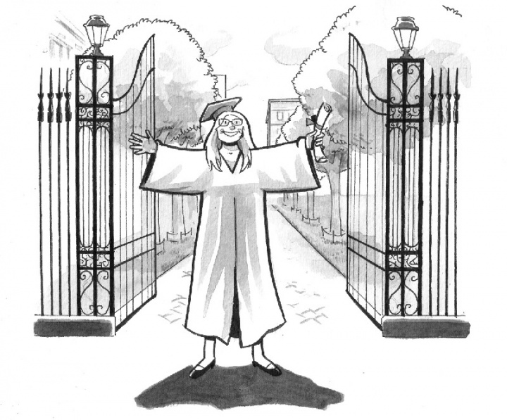 Cartoon of a new graduate at campus gates, beaming