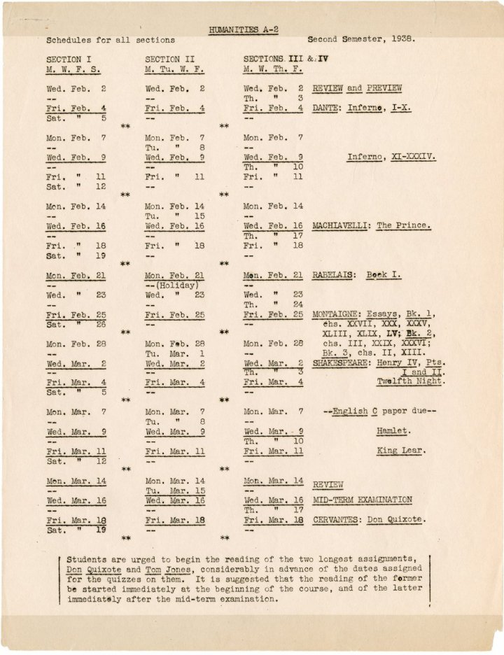 Printed schedule for Literature Humanities section A class dates for the first semester, 1937-1938