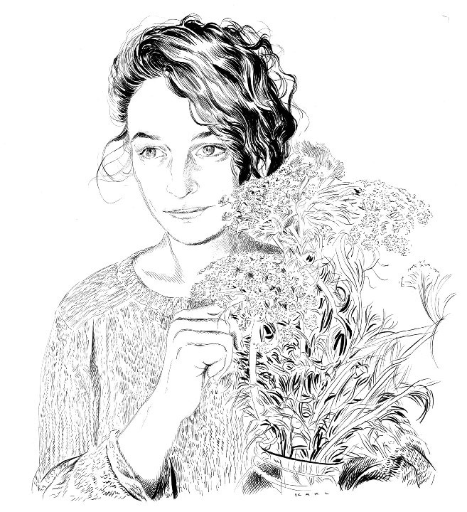 Line drawing of a woman holding a vase of flowers