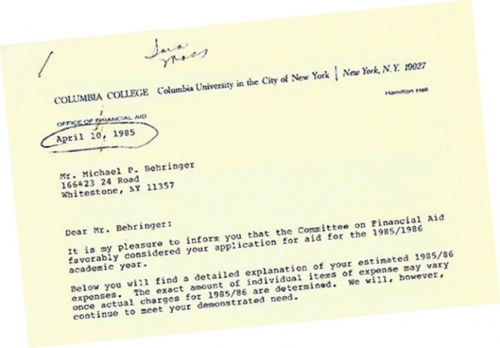 Picture of financial award letter dated April 10, 1985