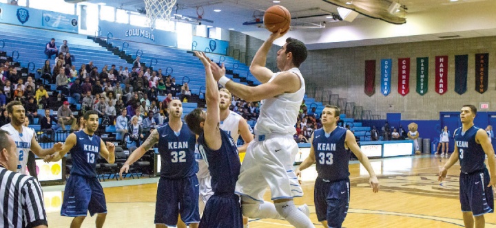 A basketball game being played