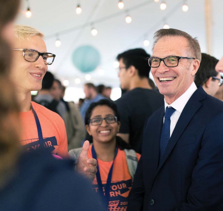 Valentini greets new Lions at Transfer Student Orientation.