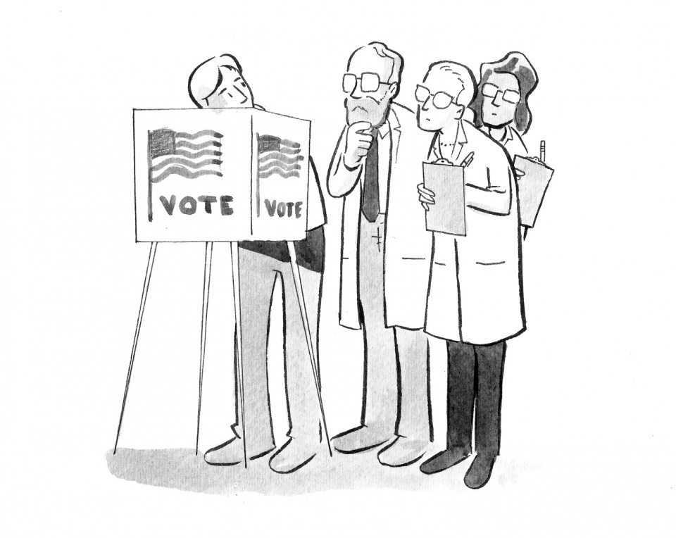 Illustration of researchers observing a voter