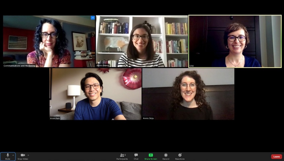 Screen capture of an online video meeting with 5 individuals