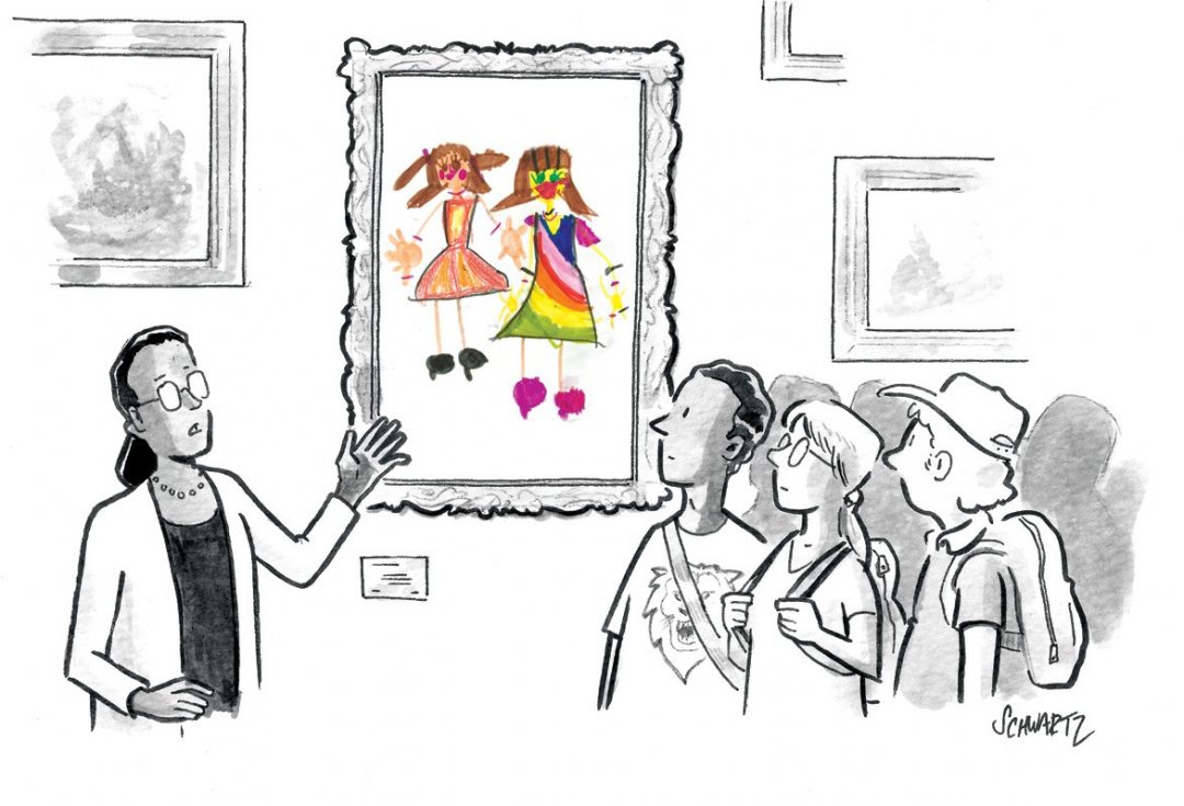 Cartoon drawing of a woman gesturing to a brightly-colored picture, speaking to several people.