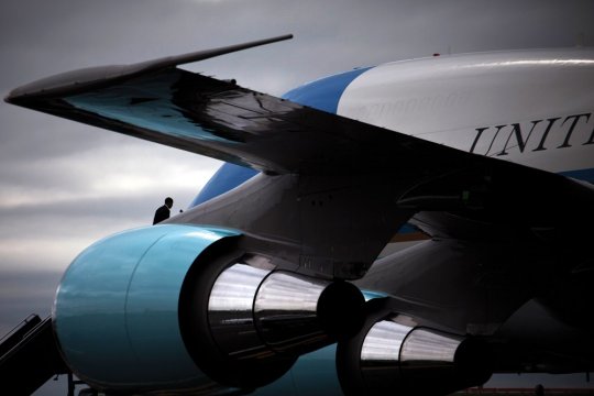 A photograph of President Obama boarding Air Force One at Boston’s Logan Airport; June 26, 2012.