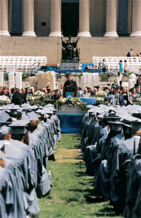 A sea of blue graduation gowns filled the long, grassy promenade