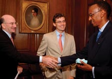 Alan Brinkley and Joshue Ruxin greet Paul Kagame