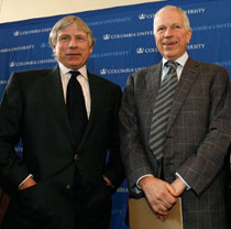 Edmund S. Phelps (right), the 2006 Nobel Prize winner in Economics, is joined by President Lee C. Bollinger