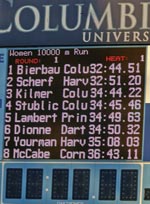 Baker Field Scoreboard displaying Bierbaum atop the finishers at the 2005 Heptagonal Ivy Outdoor Track and Field Championships