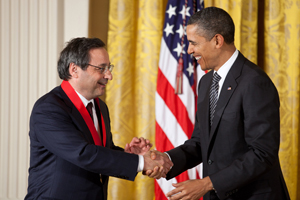 President Barack Obama ’83 awards the 2011 National Medal of Arts and National Humanities Medal to Andrew Delbanco in the East Room of the White House, Feb. 13, 2012. (Official White House Photo by Chuck Kennedy)