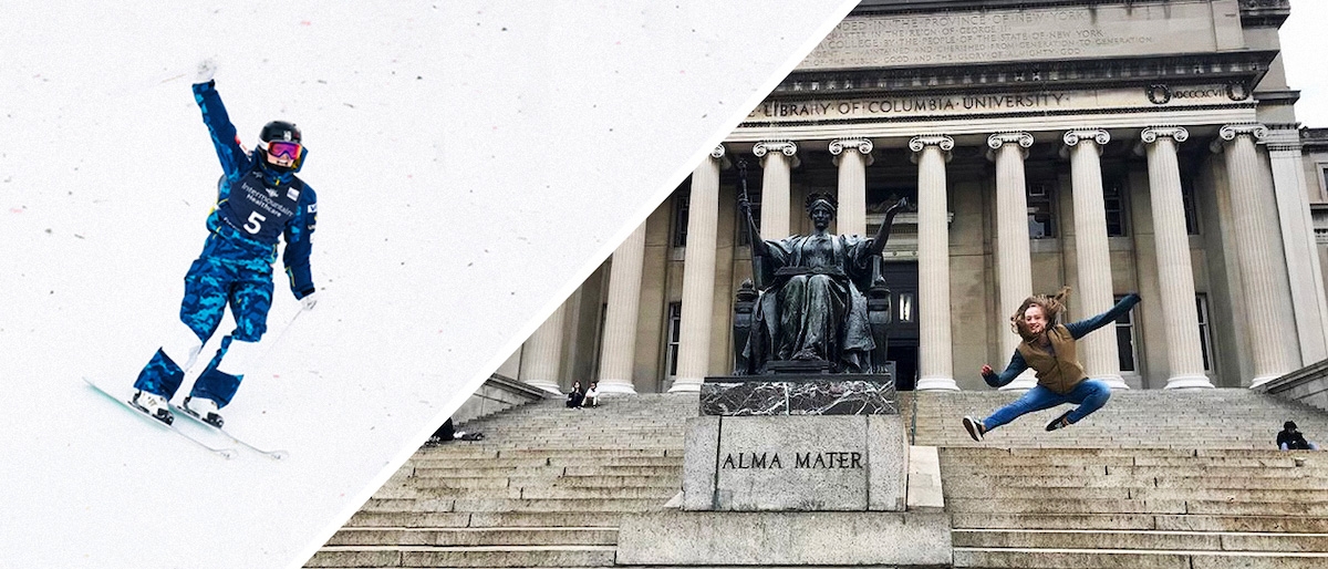 at left a young woman at the finish of a ski race, at right jumping next to Alma Mater statue at Columbia Unviersity