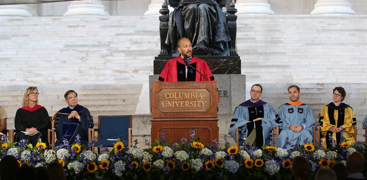 Dean Josef Sorett speaking at Convocation on Low Plaza