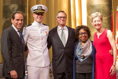 From left to right: John Vivadelli, Christian Vivadelli CC’16, Dean James J. Valentini, Chaplain Jewelnel Davis and Stephany Vivadelli