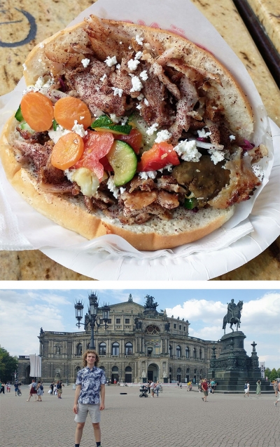 Two images where the top image is a plate of döner, a German adaptation of a Turkish kebab. The bottom photo features Gerson posing in front of the Saxon State Opera House in Dresden, Germany.