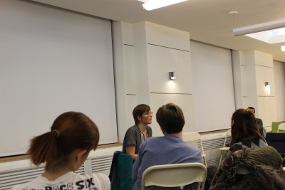 Julie Crawford, chair of Literature Humanities and the Mark Van Doren Professor of the Humanities, speaks with students at the inaugural event in the "Books That Changed My Life" series. Photo: Toni Gunthrope-Hardee