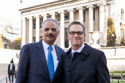 Former U.S. Attorney General Eric H. Holder Jr. and Dean Valentini with Low Library in the background