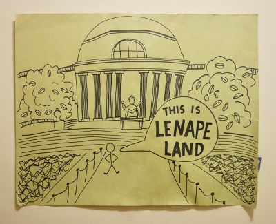 Pen illustration of Low library with a caption that reads "This is Lenape land!"