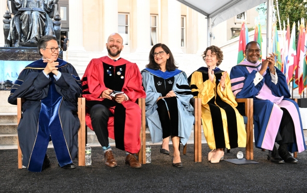 Engineering Dean Shih-Fu Chang, College Dean Josef Sorett, President Minouche Shafik, Executive Vice President and Dean of the Faculty of Arts and Sciences Amy Hungerford and interim University Provost Dennis A. Mitchell.
