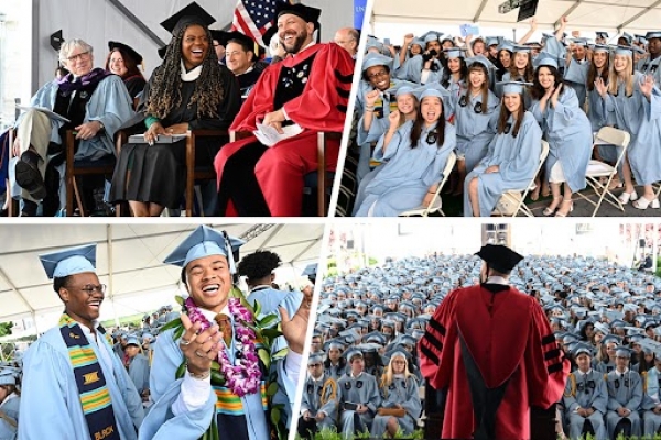 Collage of 4 photos from Class Day, including groups of students in regalia and Class Day speakers