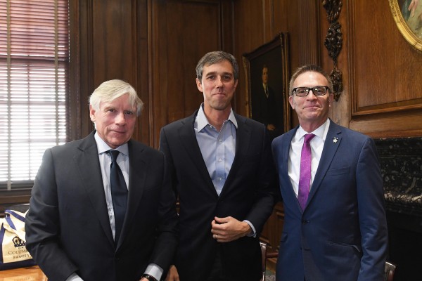 Columbia University President Lee C. Bollinger, Beto O’Rourke CC’95, Columbia College Dean James J. Valentini