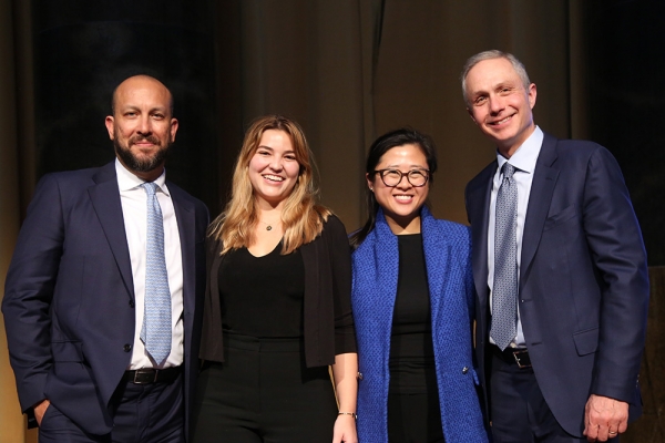 Dean Josef Sorett poses with Malia Dills CC’23, Sue Yang CC’10 and Anthony Tutrone CC’86