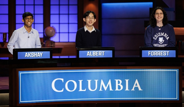 Columbia University College Bowl contestants Akshay Manglik CC’25, Albert Zhang CC’24, and Forrest Weintraub CC’24