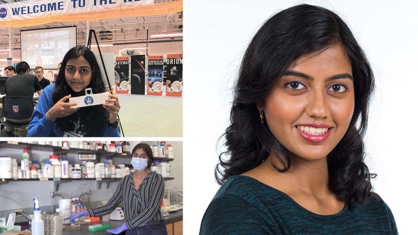  portrait of Swati Ravi, woman working at science lab bench, woman at NASA facility