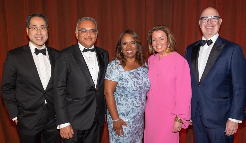 Raymond Yu CC'89, SEAS’90; Dr. Ashish K. Jha CC'92; Alicia D. Guevara CC'94; Anna Brockway CC'92; and Victor Lopez-Balboa CC’82 posing together at the 2023 John Jay dinner