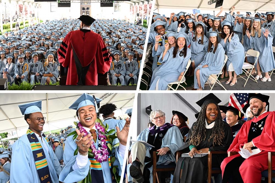 Collage of 4 images: Dean Sorett delivering remarks to graduates, graduates celebrating, speakers on dais, and students clapping