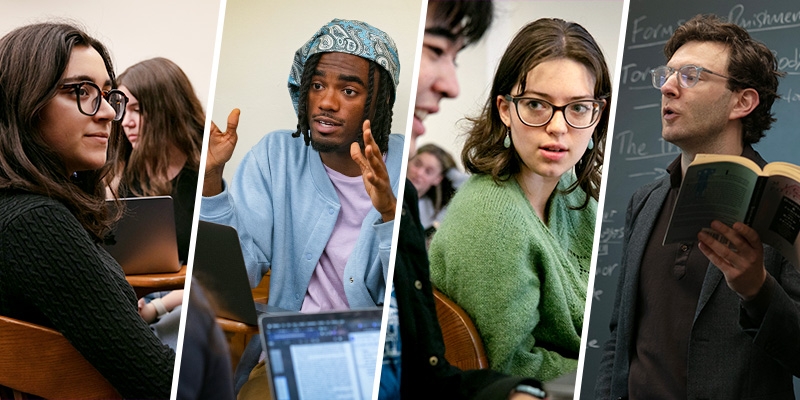 Collage of three students and an instructor engaged in dialogue.