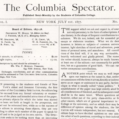 Columbia Spectator, Vol. 1, No. 1, July 1, 1877. Photo: Courtesy Columbia University Archives