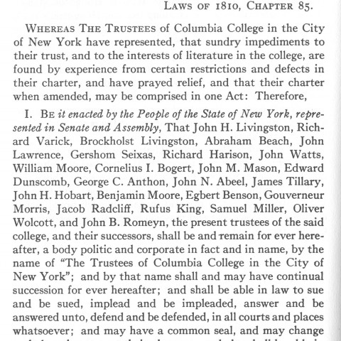 The first page of the charter of 1810. Photo: Courtesy Columbia University Archives