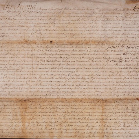 The first page of the King's College Charter, Oct. 31, 1754. Photo: Dwight Primiano, Courtesy Columbia University Archives
