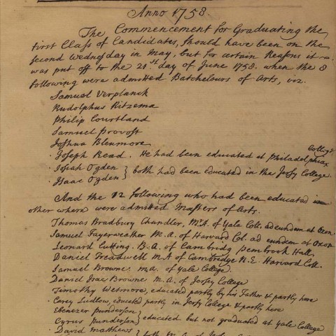 The graduates of 1758 from The Matricula or Register of Admissions & Graduations & of Officers Employed in King's College at New York. Photo: Courtesy Columbia University Archives