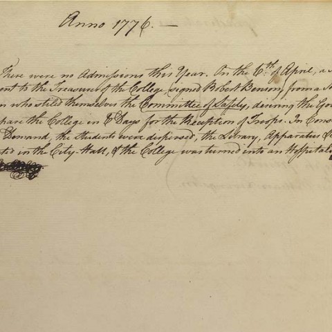 Page from The Matricula or Register of Admissions & Graduations & of Officers Employed in King's College at New York. Photo: Courtesy Columbia University Archives