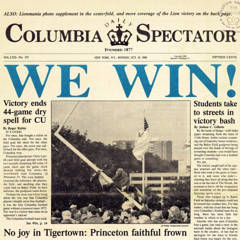 The front page of the Columbia Daily Spectator on October 10, 1988, after the Lions’ first football victory in nearly five years. Photo: Courtesy Columbia University Archives
