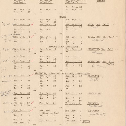 Schedule of 1st semester of Humanities A. Photo: Courtesy Columbia University Archives