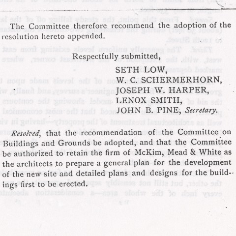 Resolution of December 4, 1893, in response to April 10, 1893 letter from McKim, Mead & White to President Seth Low regarding proposal for Columbia’s Morningside campus. Photo: Courtesy Columbia University Archives