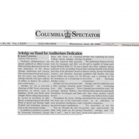 Article in the Columbia Daily Spectator on April 26, 2000. Image: Columbia Spectator, courtesy Columbia University Archives