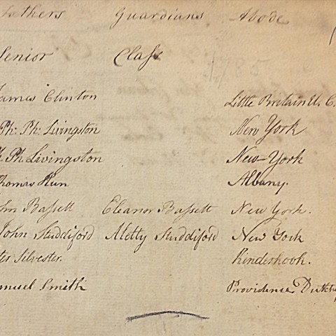 Matricula, which records the senior class of 1786, as well as an article about Columbia College's commencement from the April 13, 1786 issue of the New York Journal and Weekly Register. Photo: Courtesy Columbia University ArchivesMatricula, which records the senior class of 1786, as well as an article about Columbia College’s commencement from the April 13, 1786 issue of the New York Journal and Weekly Register. Photo: Courtesy Columbia University Archives